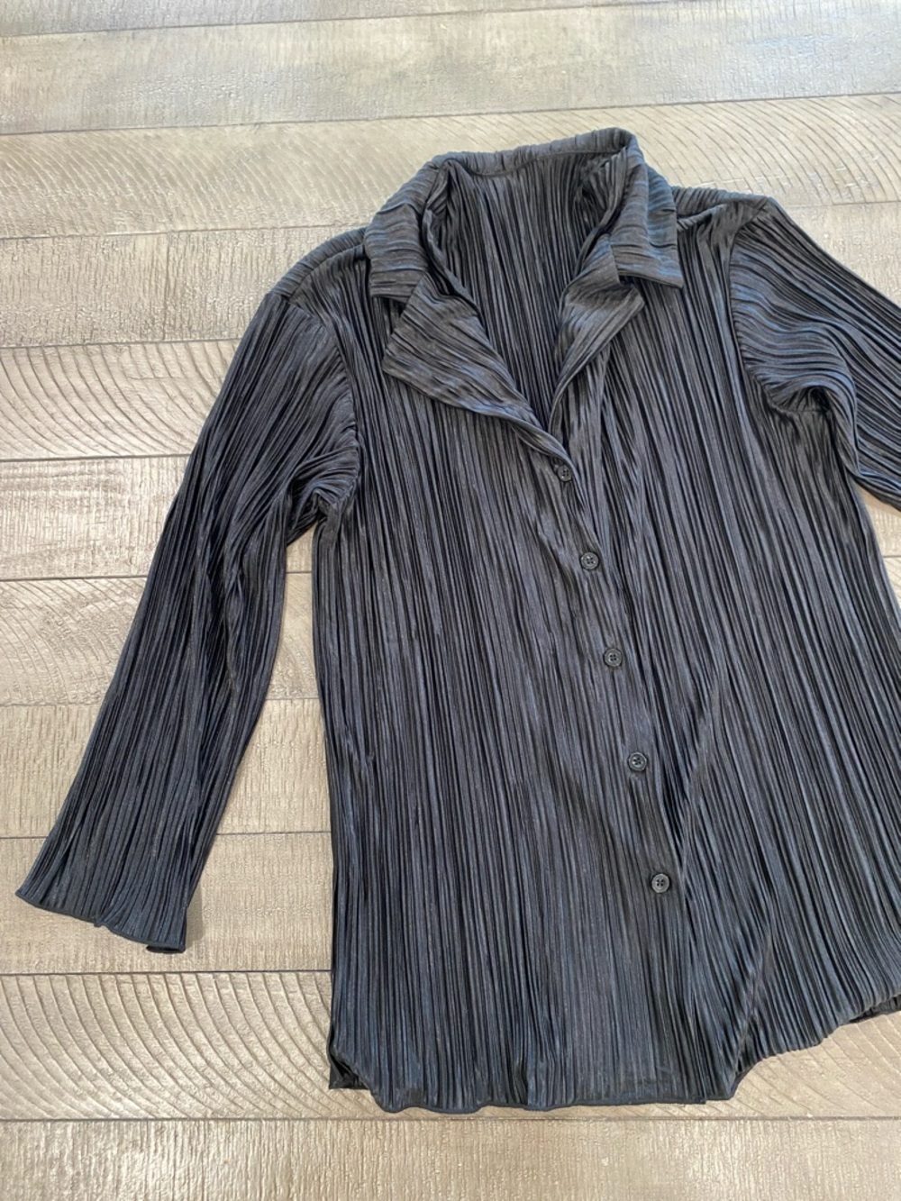 Women's Black Pleated Button-Up Top